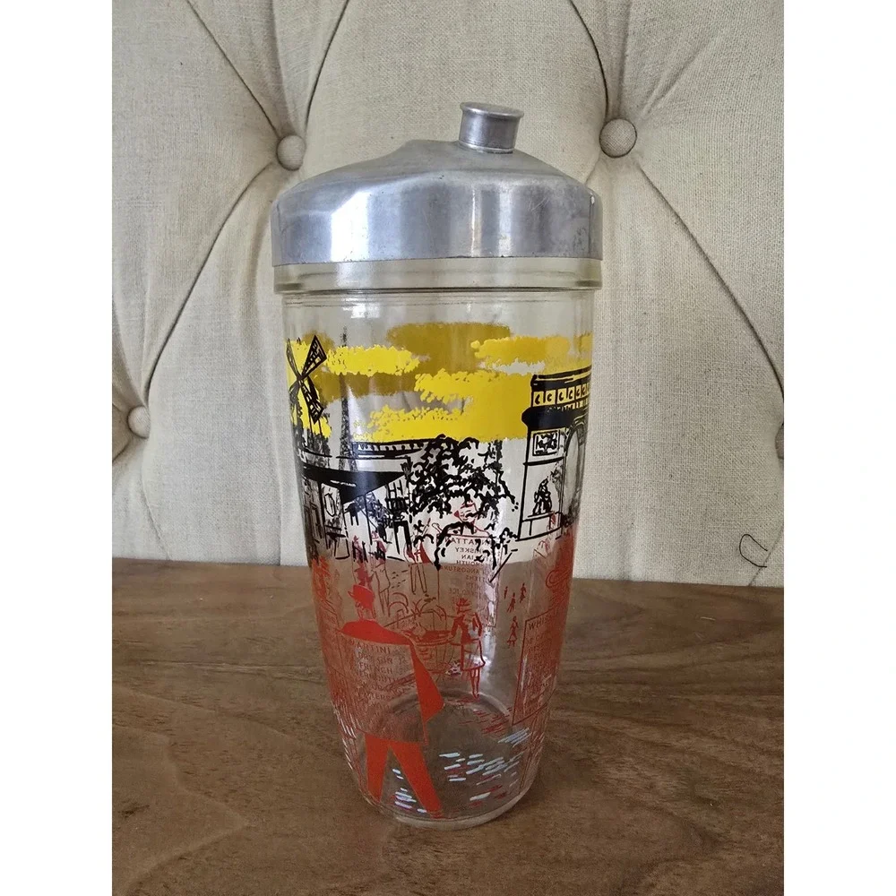 Vintage Paris cocktail shaker glass with aluminum lid Eiffel Tower design